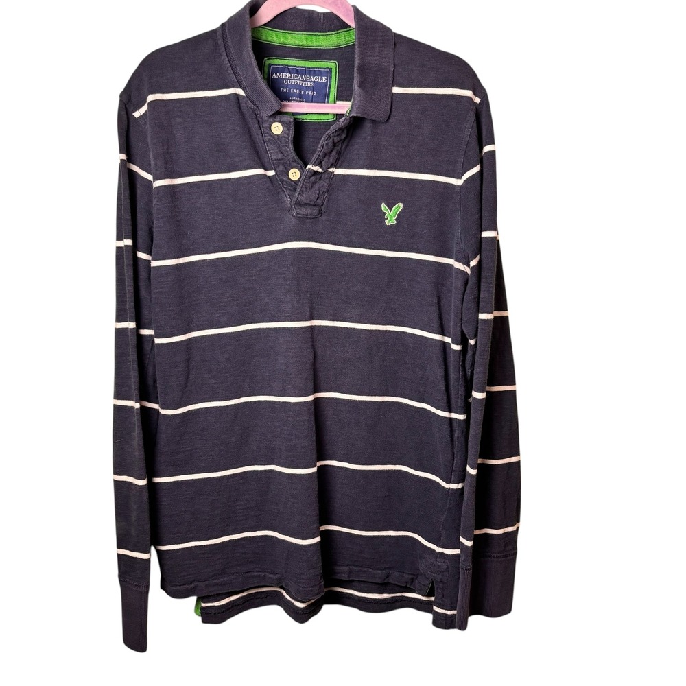 American Eagle Outfitters Men's L Long‎ Sleeve Navy & White Striped Polo Shirt